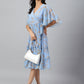 Janasya Women's Sky Blue Dobby Georgette Digital Print Flared Western Dress | Swadesiicart
