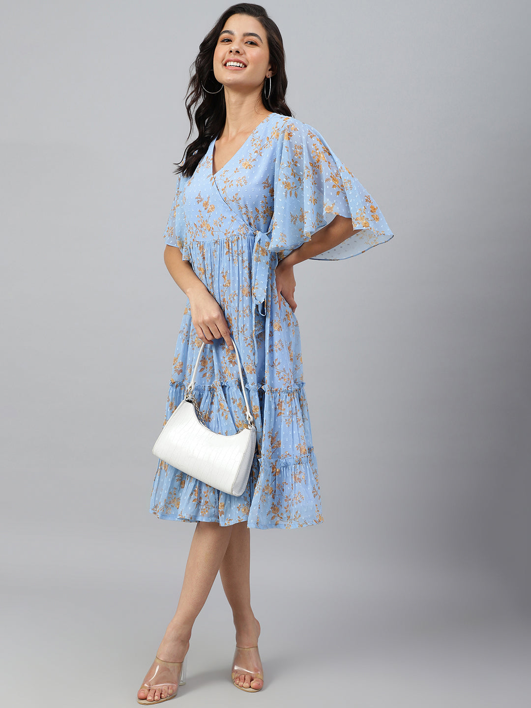 Janasya Women's Sky Blue Dobby Georgette Digital Print Flared Western Dress | Swadesiicart
