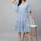 Janasya Women's Sky Blue Dobby Georgette Digital Print Flared Western Dress | Swadesiicart