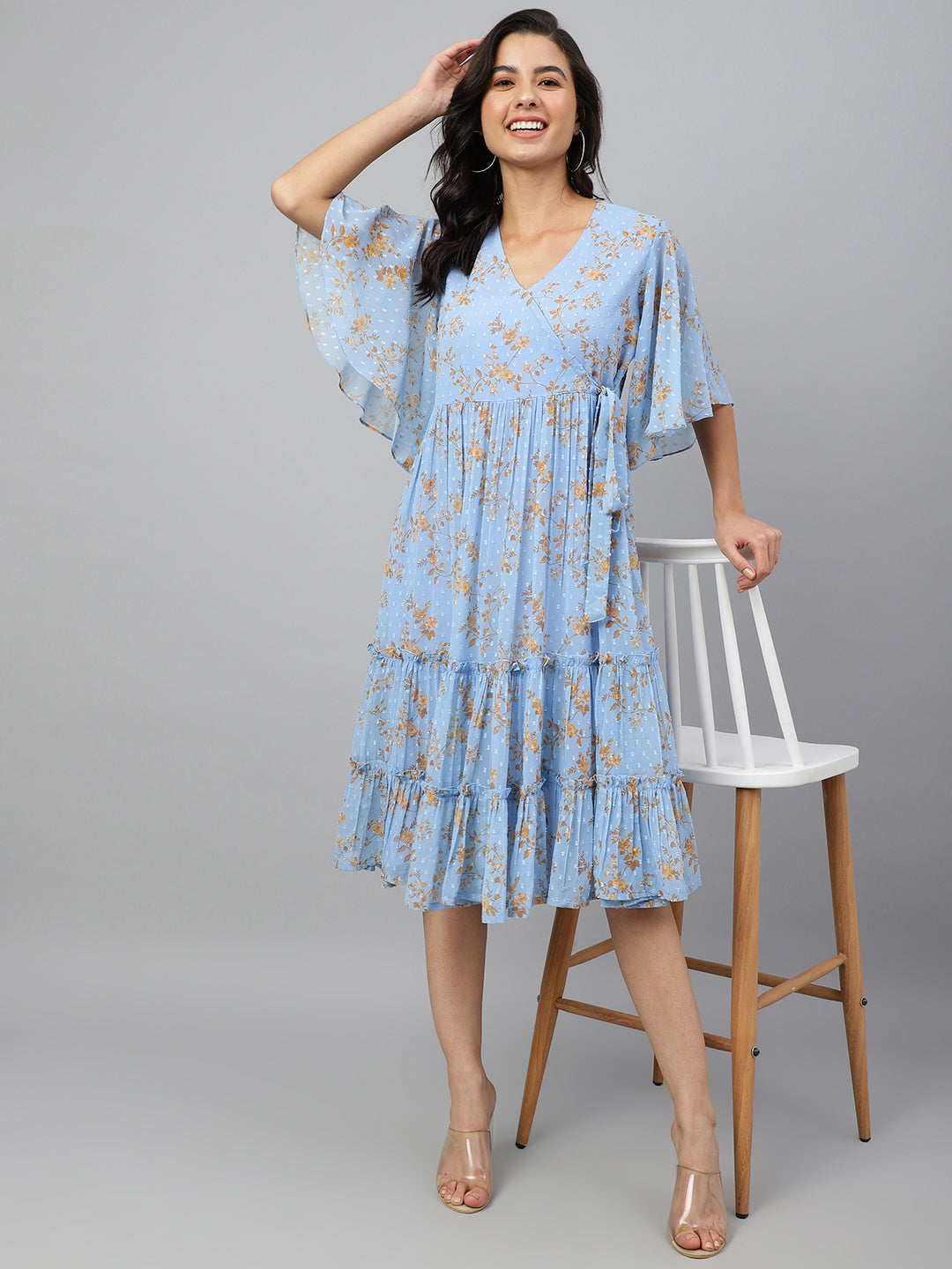 Janasya Women's Sky Blue Dobby Georgette Digital Print Flared Western Dress | Swadesiicart