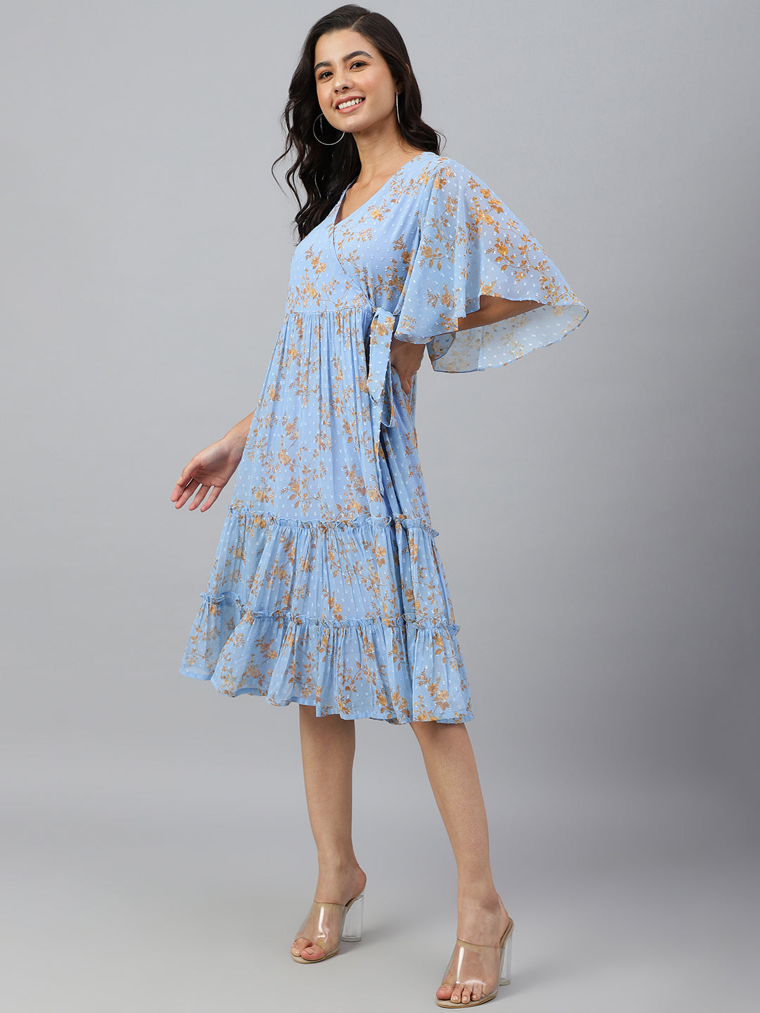 Janasya Women's Sky Blue Dobby Georgette Digital Print Flared Western Dress | Swadesiicart