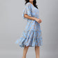 Janasya Women's Sky Blue Dobby Georgette Digital Print Flared Western Dress | Swadesiicart