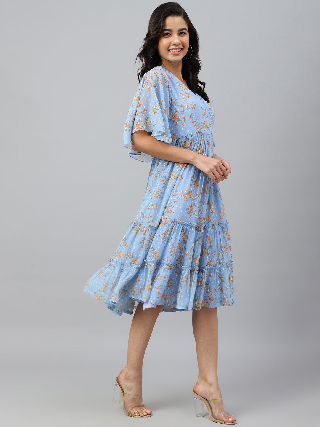 Janasya Women's Sky Blue Dobby Georgette Digital Print Flared Western Dress | Swadesiicart