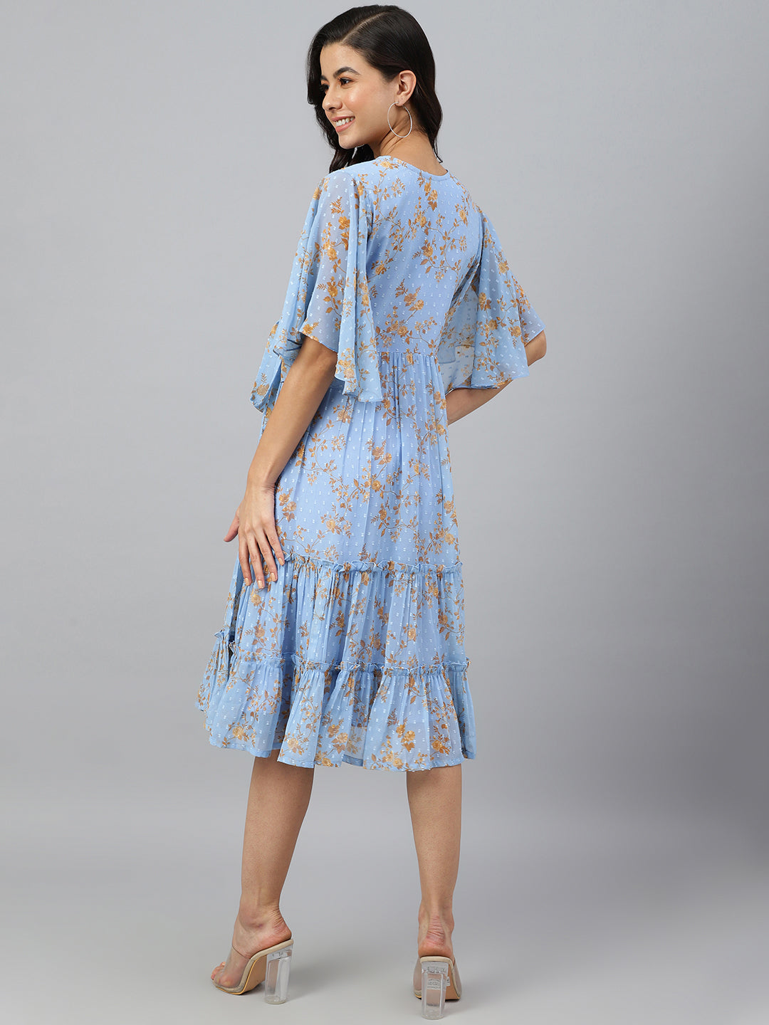 Janasya Women's Sky Blue Dobby Georgette Digital Print Flared Western Dress | Swadesiicart