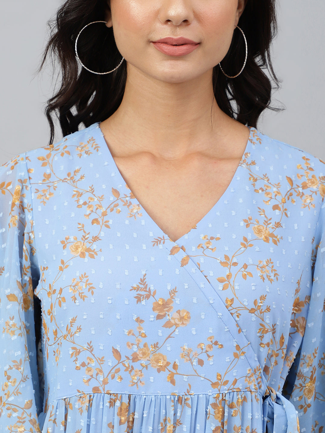 Janasya Women's Sky Blue Dobby Georgette Digital Print Flared Western Dress | Swadesiicart