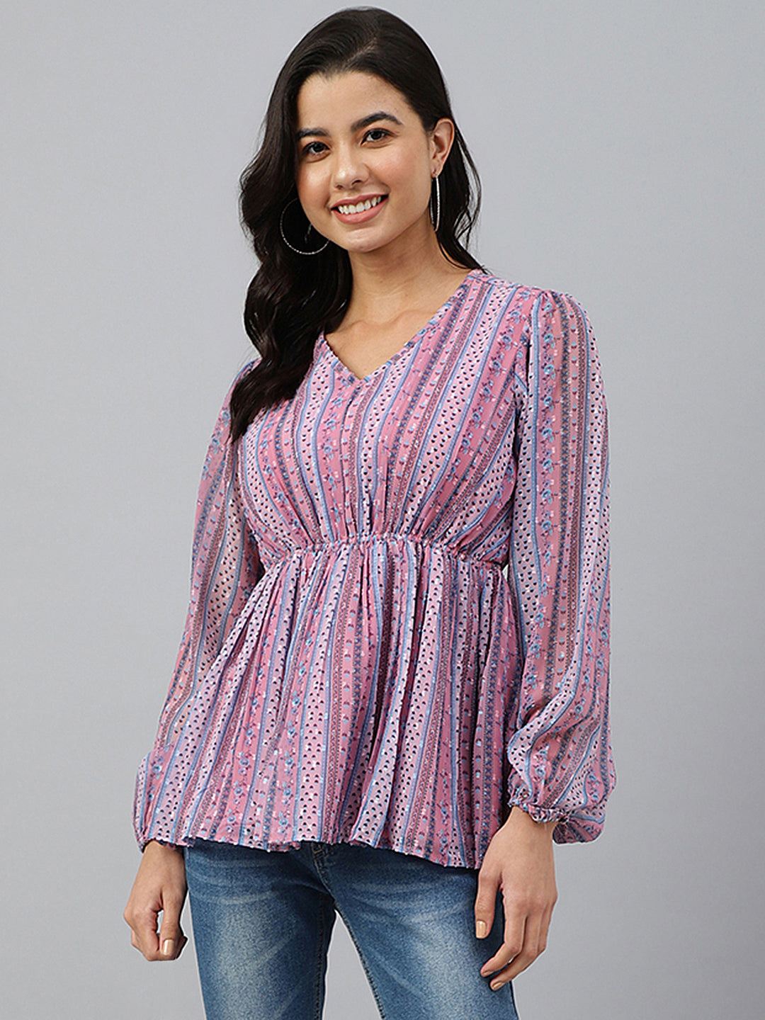 Janasya Women's Pink Dobby Georgette Digital Print Peplum Top | Swadesiicart