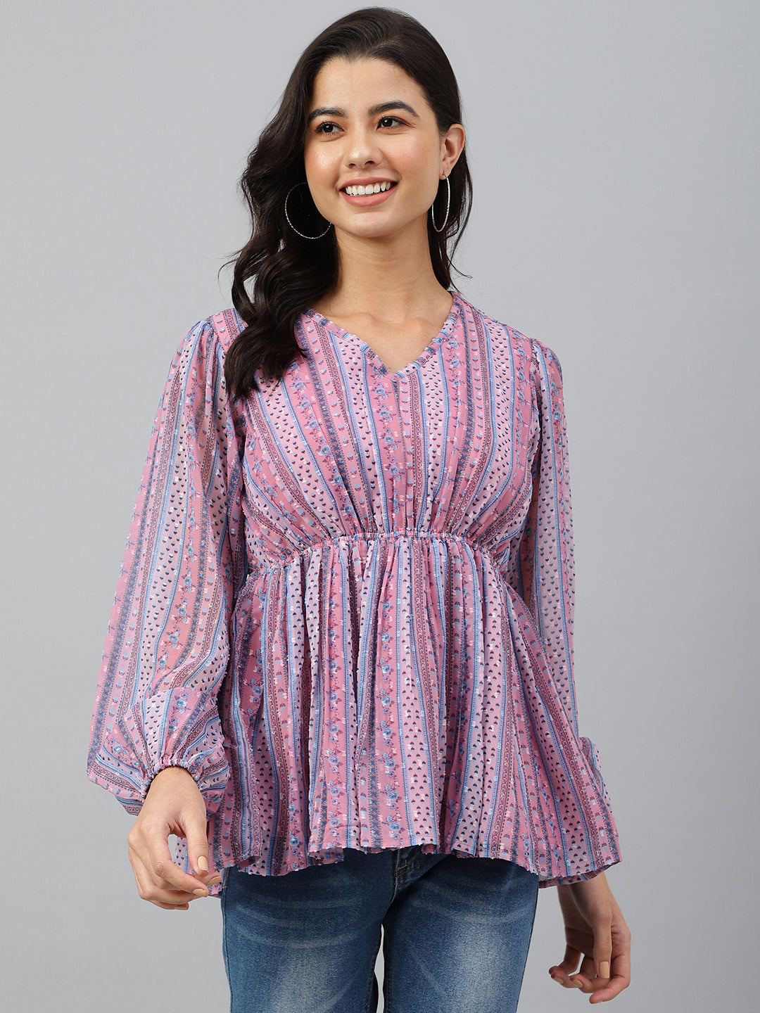 Janasya Women's Pink Dobby Georgette Digital Print Peplum Top | Swadesiicart