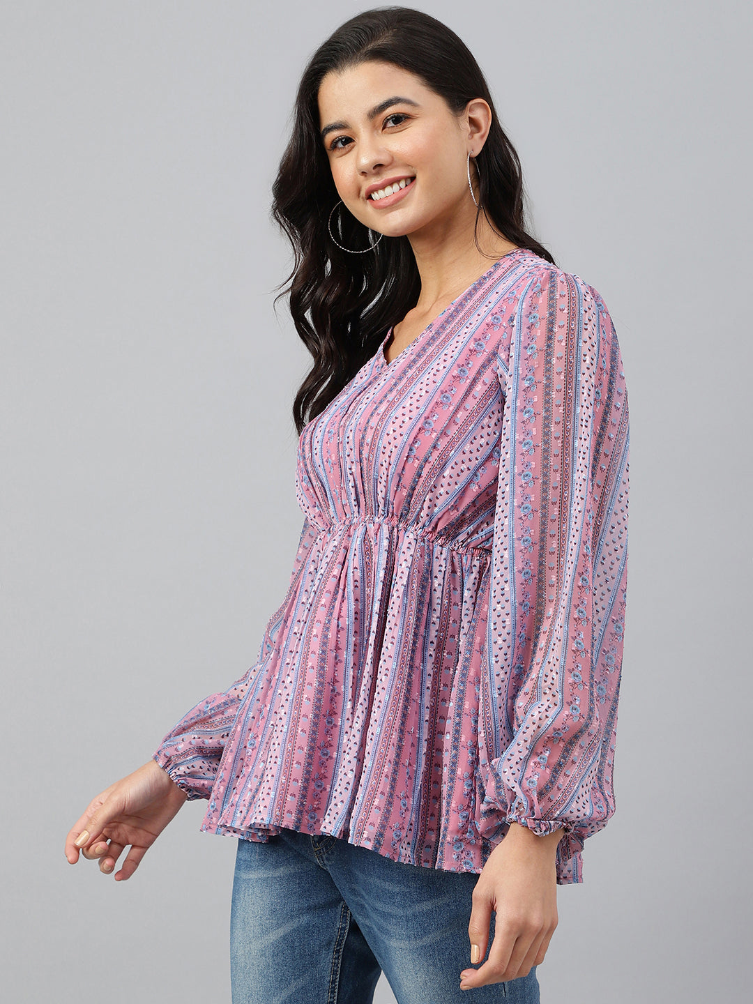Janasya Women's Pink Dobby Georgette Digital Print Peplum Top | Swadesiicart