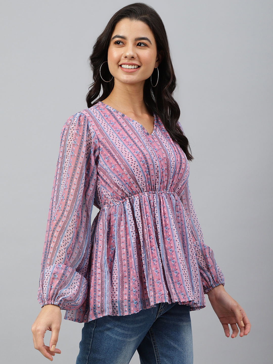 Janasya Women's Pink Dobby Georgette Digital Print Peplum Top | Swadesiicart