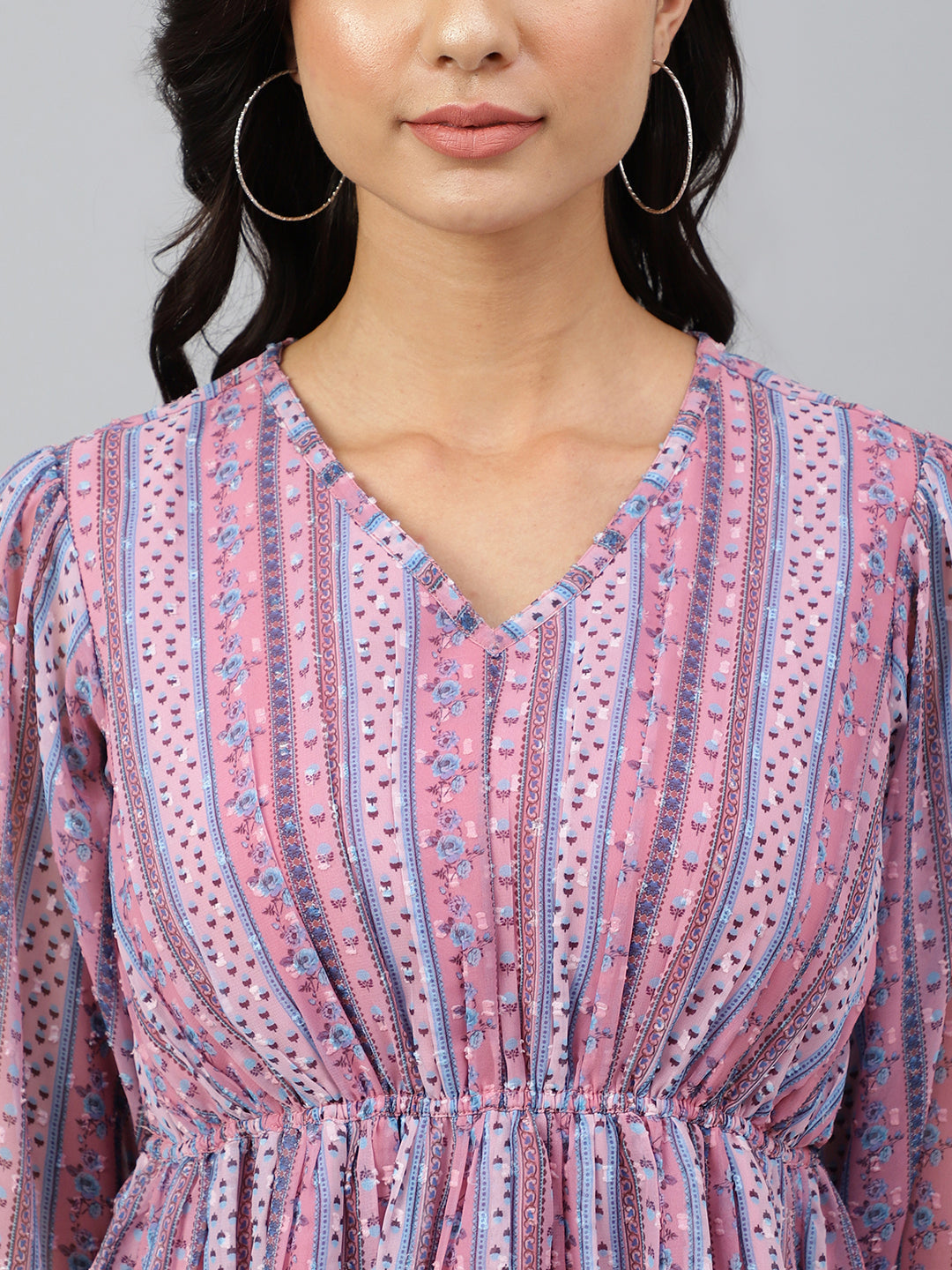 Janasya Women's Pink Dobby Georgette Digital Print Peplum Top | Swadesiicart