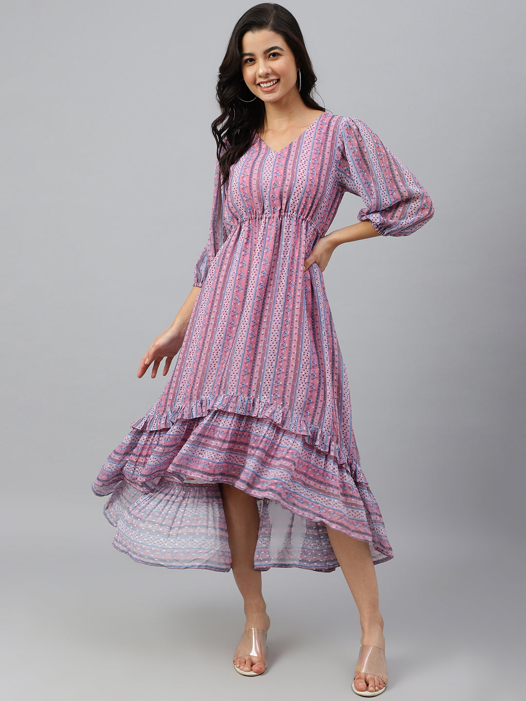 Janasya Women's Pink Dobby Georgette Digital Print High Low Western Dress | Swadesiicart