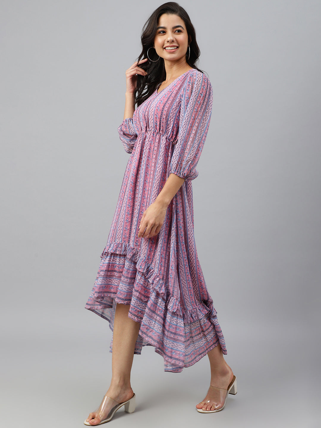 Janasya Women's Pink Dobby Georgette Digital Print High Low Western Dress | Swadesiicart