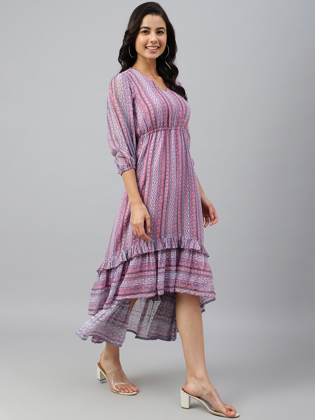 Janasya Women's Pink Dobby Georgette Digital Print High Low Western Dress | Swadesiicart