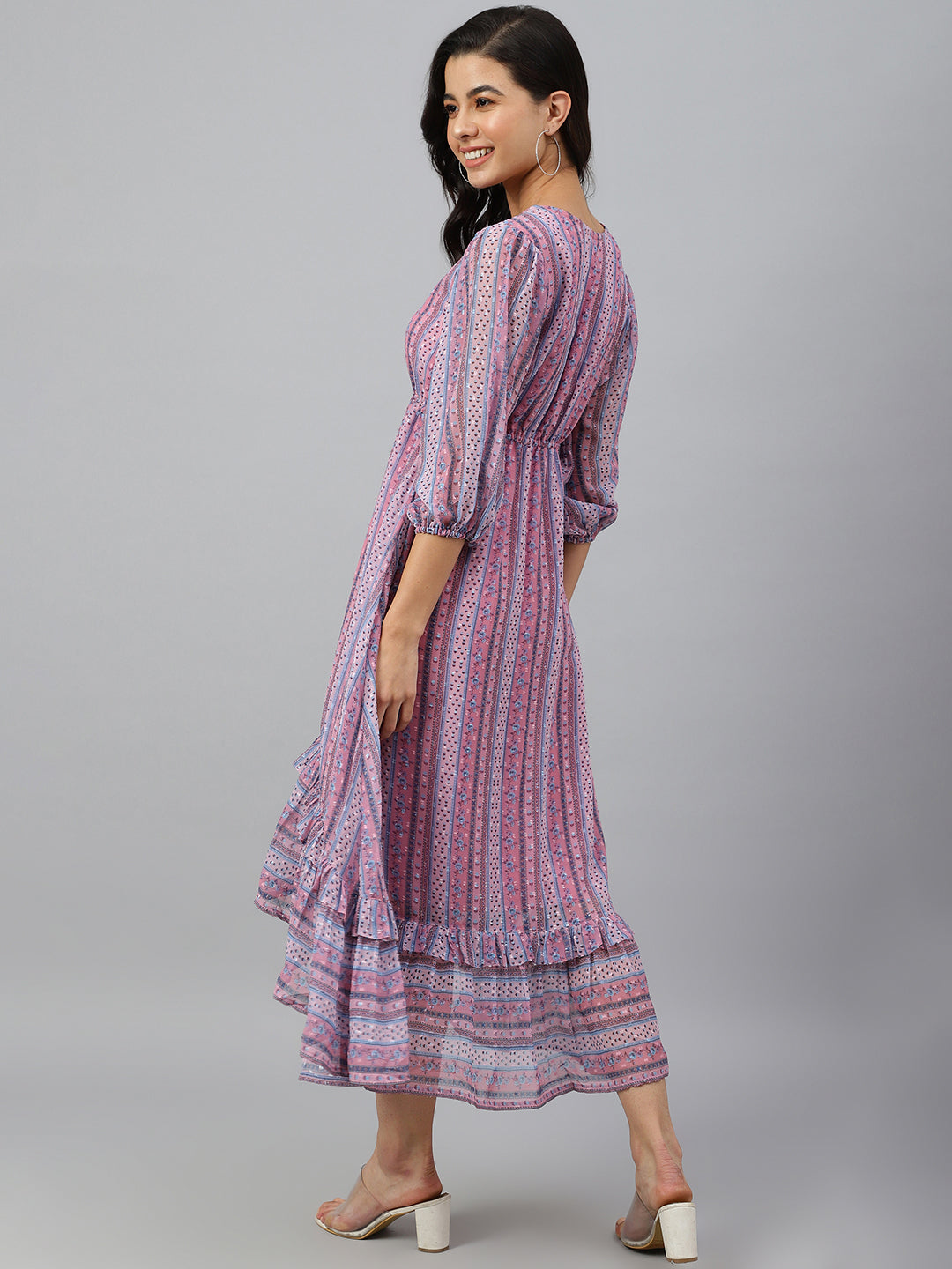 Janasya Women's Pink Dobby Georgette Digital Print High Low Western Dress | Swadesiicart