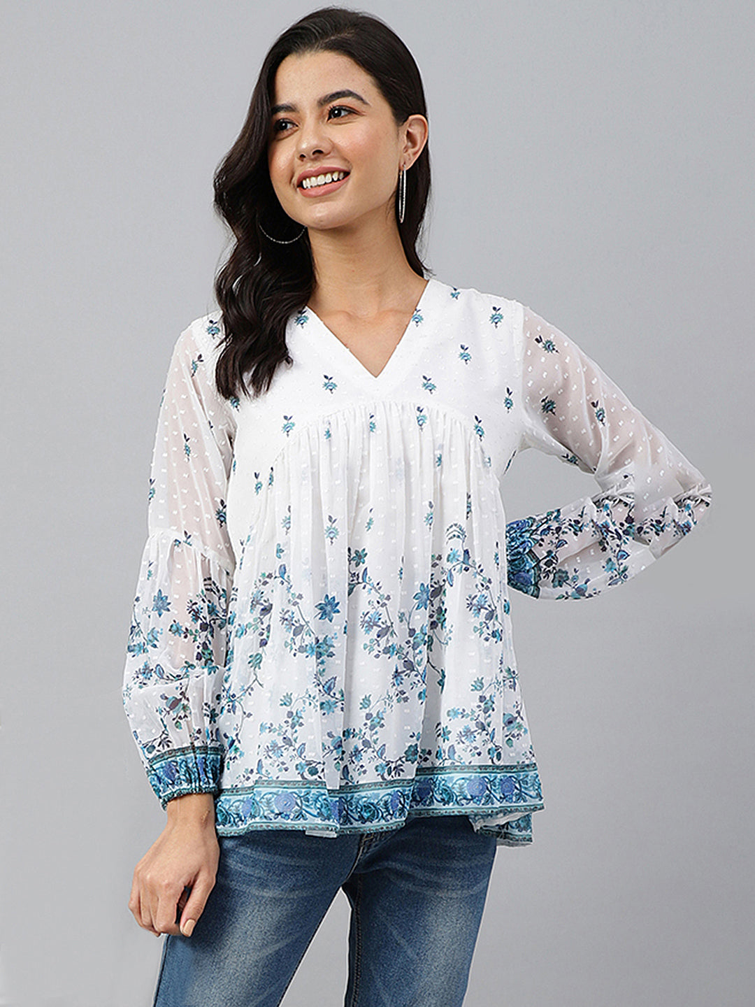 Janasya Women's White Georgette Digital Print Flared Top | Swadesiicart