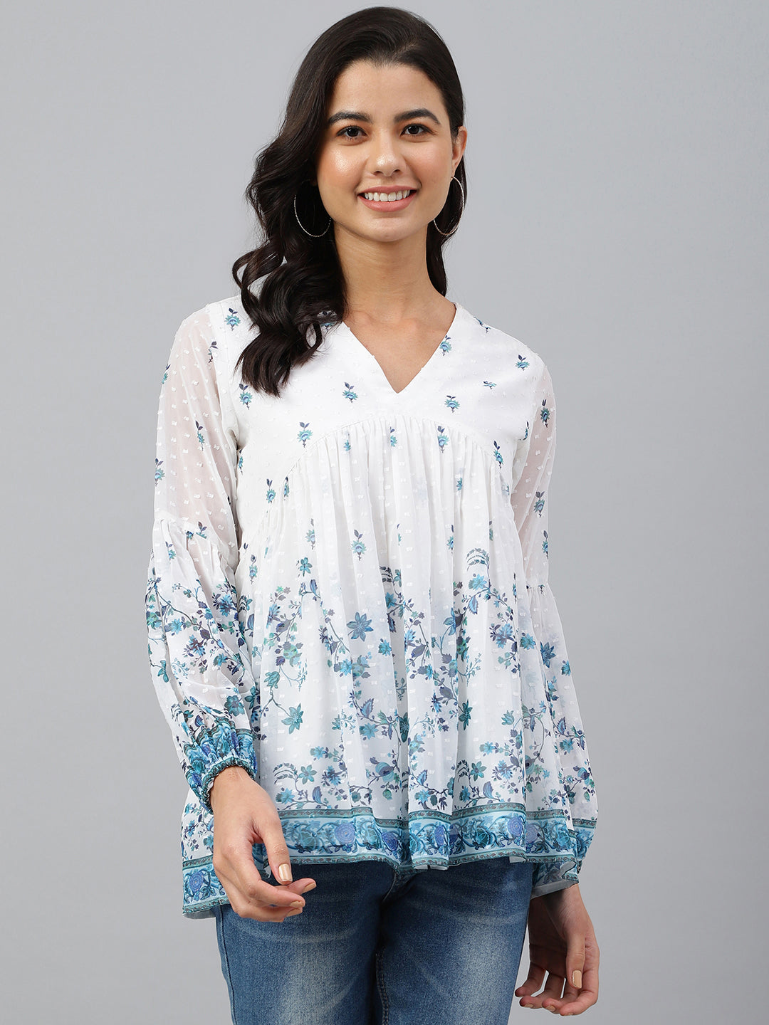 Janasya Women's White Georgette Digital Print Flared Top | Swadesiicart