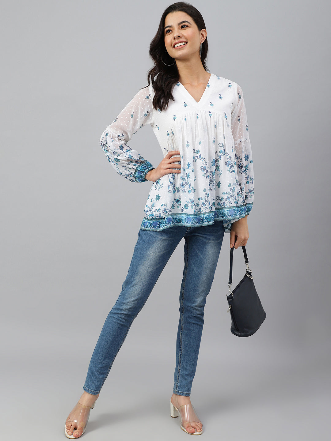 Janasya Women's White Georgette Digital Print Flared Top | Swadesiicart