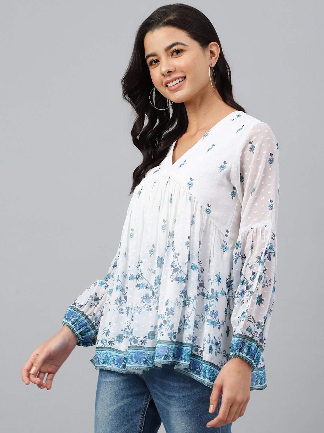 Janasya Women's White Georgette Digital Print Flared Top | Swadesiicart