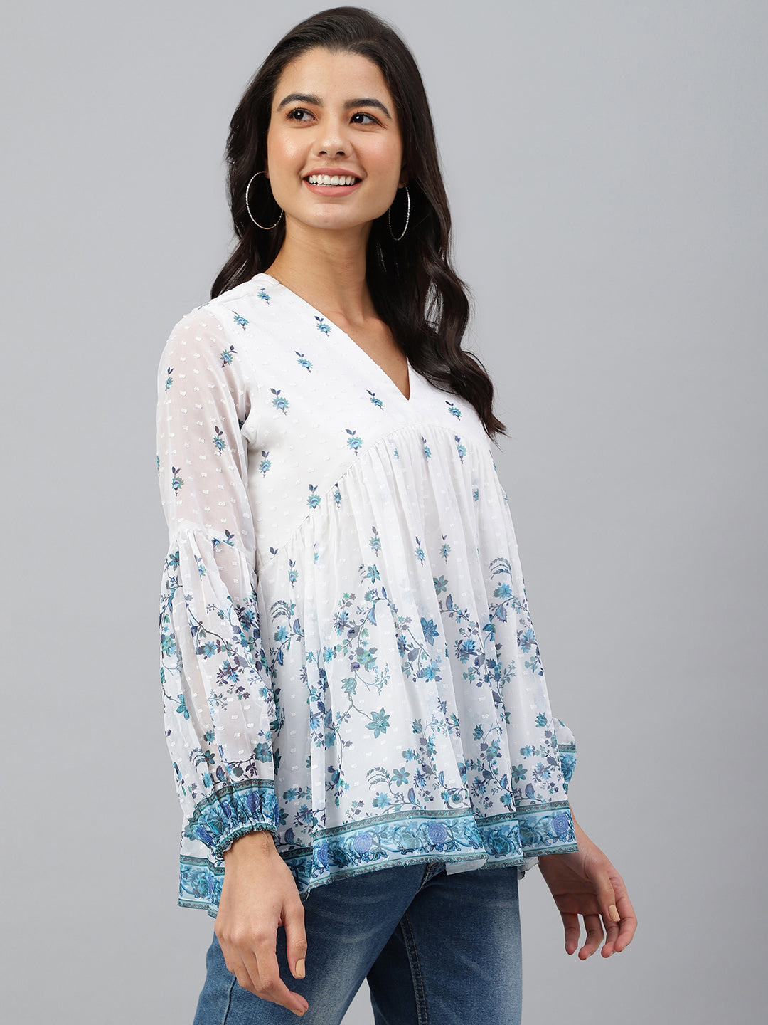 Janasya Women's White Georgette Digital Print Flared Top | Swadesiicart