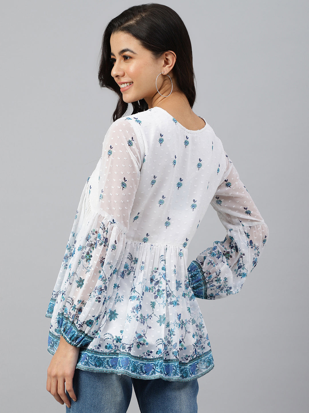 Janasya Women's White Georgette Digital Print Flared Top | Swadesiicart