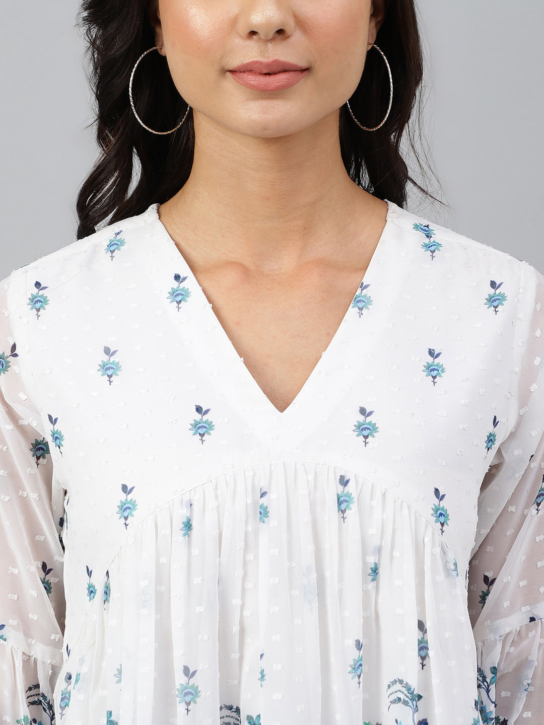 Janasya Women's White Georgette Digital Print Flared Top | Swadesiicart