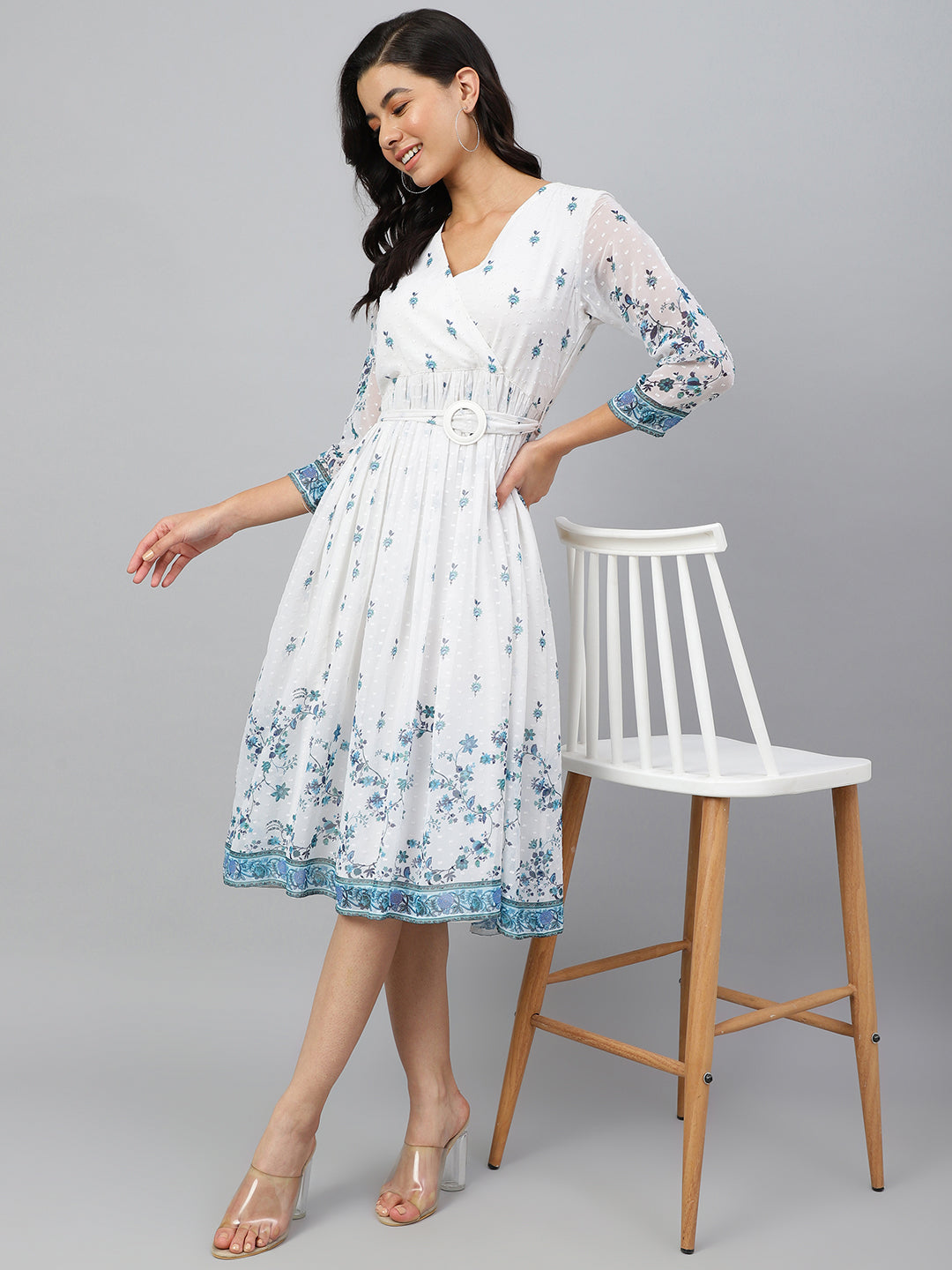 Janasya Women's White Georgette Digital Printed Flared Western Dress | Swadesiicart