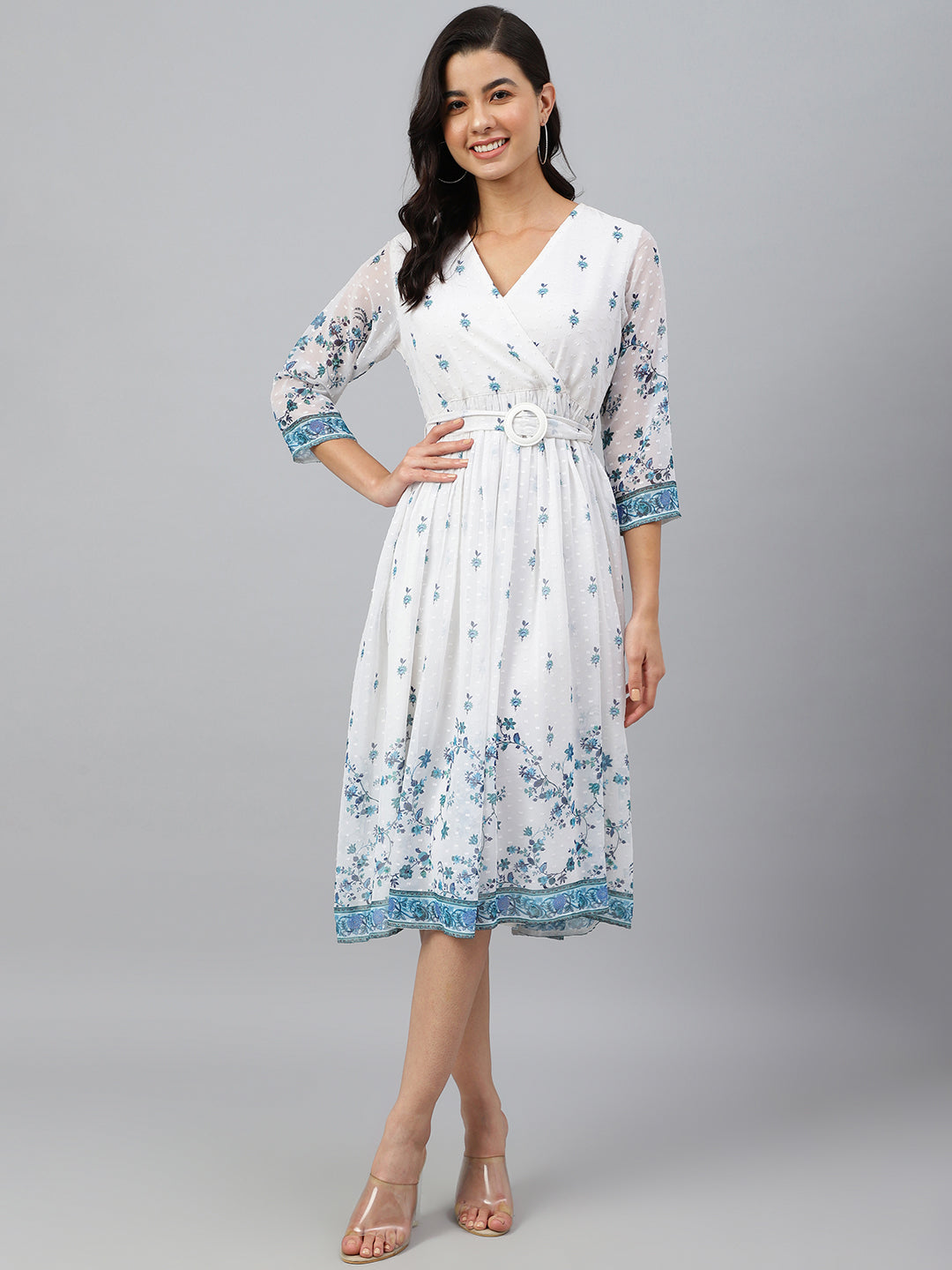 Janasya Women's White Georgette Digital Printed Flared Western Dress | Swadesiicart