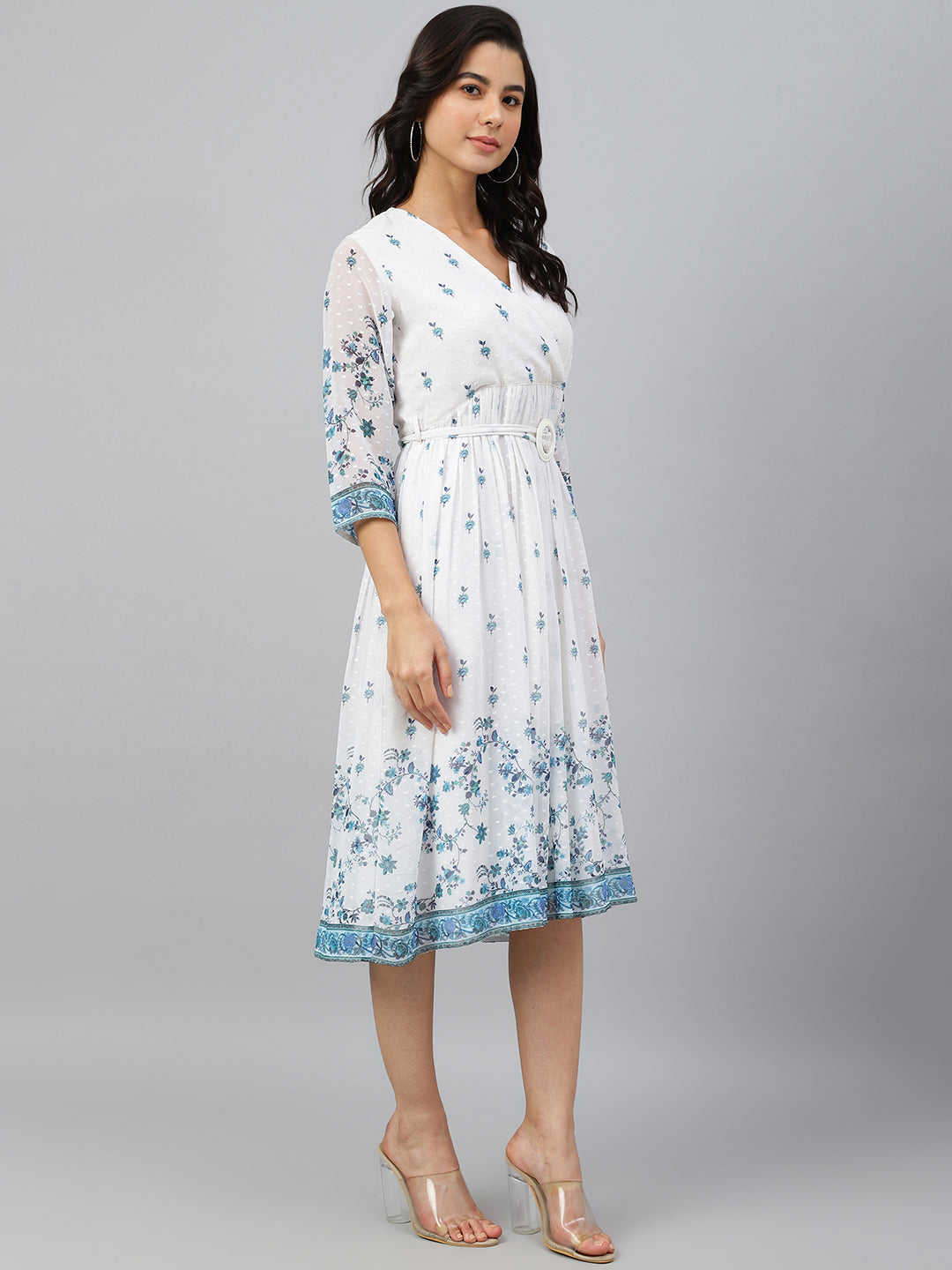 Janasya Women's White Georgette Digital Printed Flared Western Dress | Swadesiicart