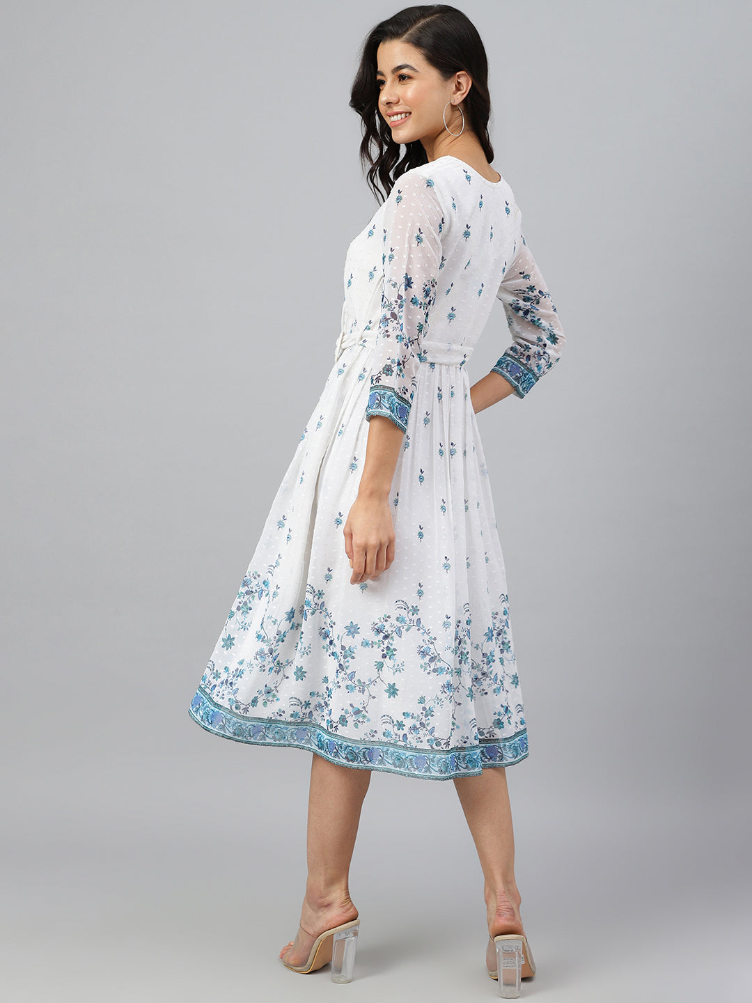 Janasya Women's White Georgette Digital Printed Flared Western Dress | Swadesiicart