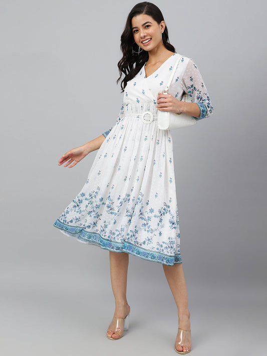 Janasya Women's White Georgette Digital Printed Flared Western Dress | Swadesiicart