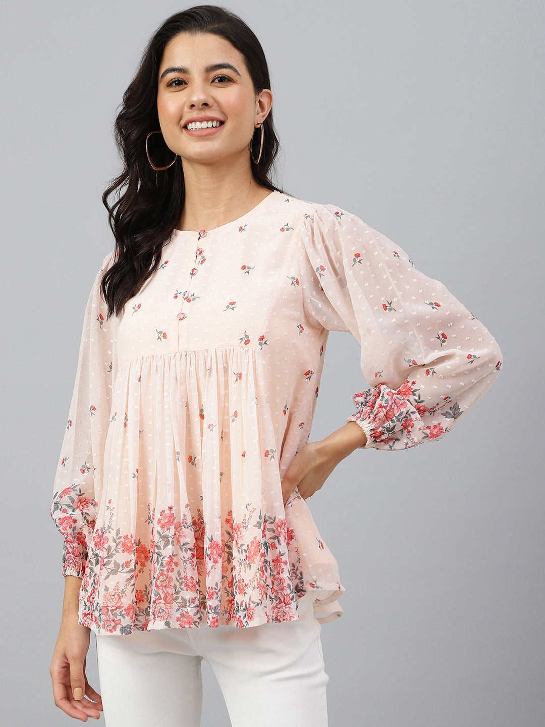 Janasya Women's Peach Georgette Floral Print Flared Top | Swadesiicart