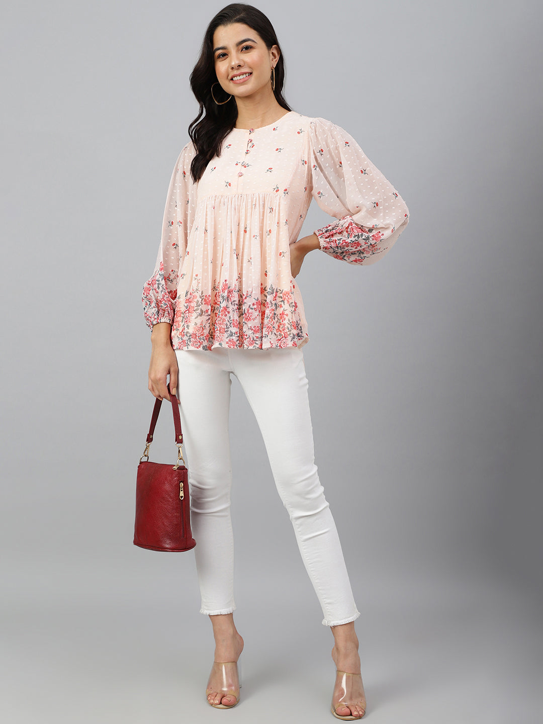 Janasya Women's Peach Georgette Floral Print Flared Top | Swadesiicart