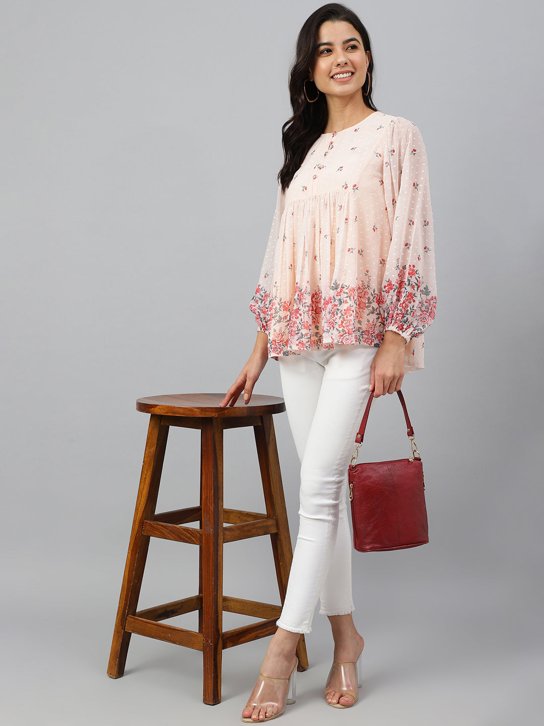 Janasya Women's Peach Georgette Floral Print Flared Top | Swadesiicart
