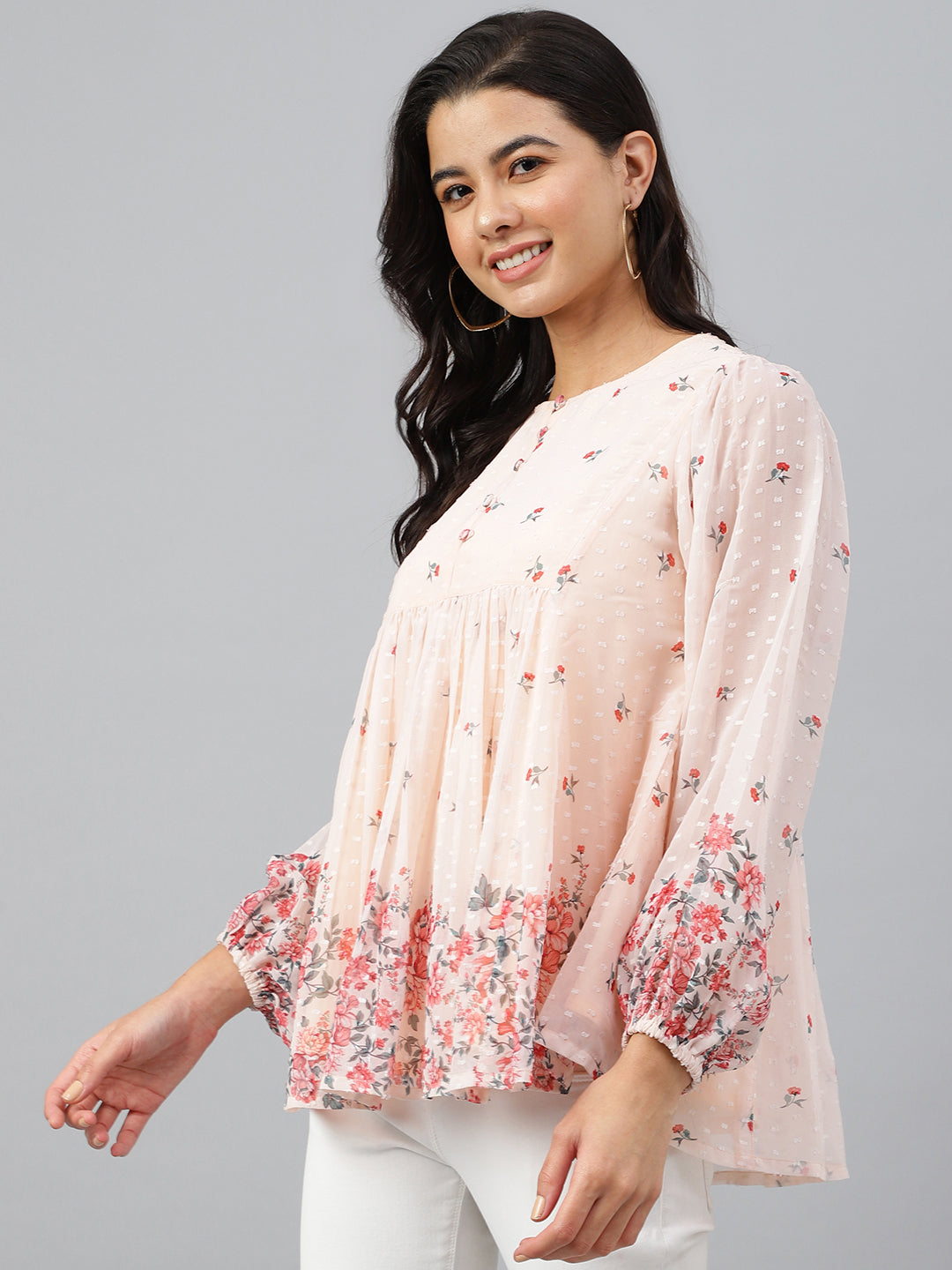 Janasya Women's Peach Georgette Floral Print Flared Top | Swadesiicart