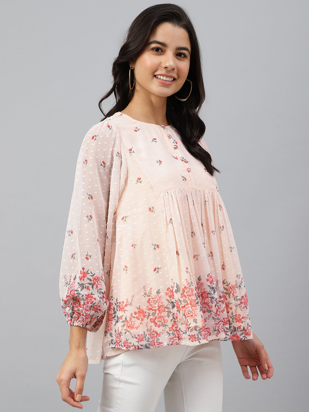 Janasya Women's Peach Georgette Floral Print Flared Top | Swadesiicart