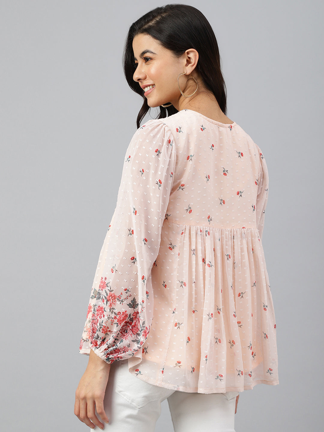 Janasya Women's Peach Georgette Floral Print Flared Top | Swadesiicart