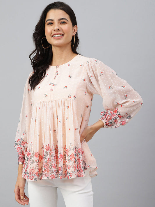 Janasya Women's Peach Georgette Floral Print Flared Top | Swadesiicart