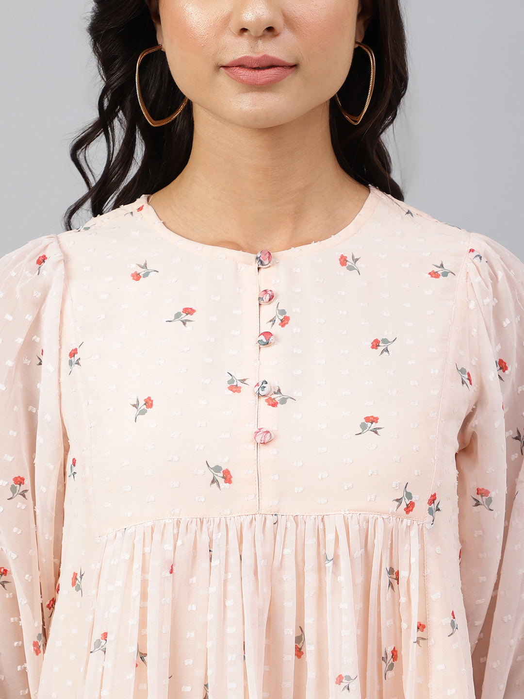Janasya Women's Peach Georgette Floral Print Flared Top | Swadesiicart