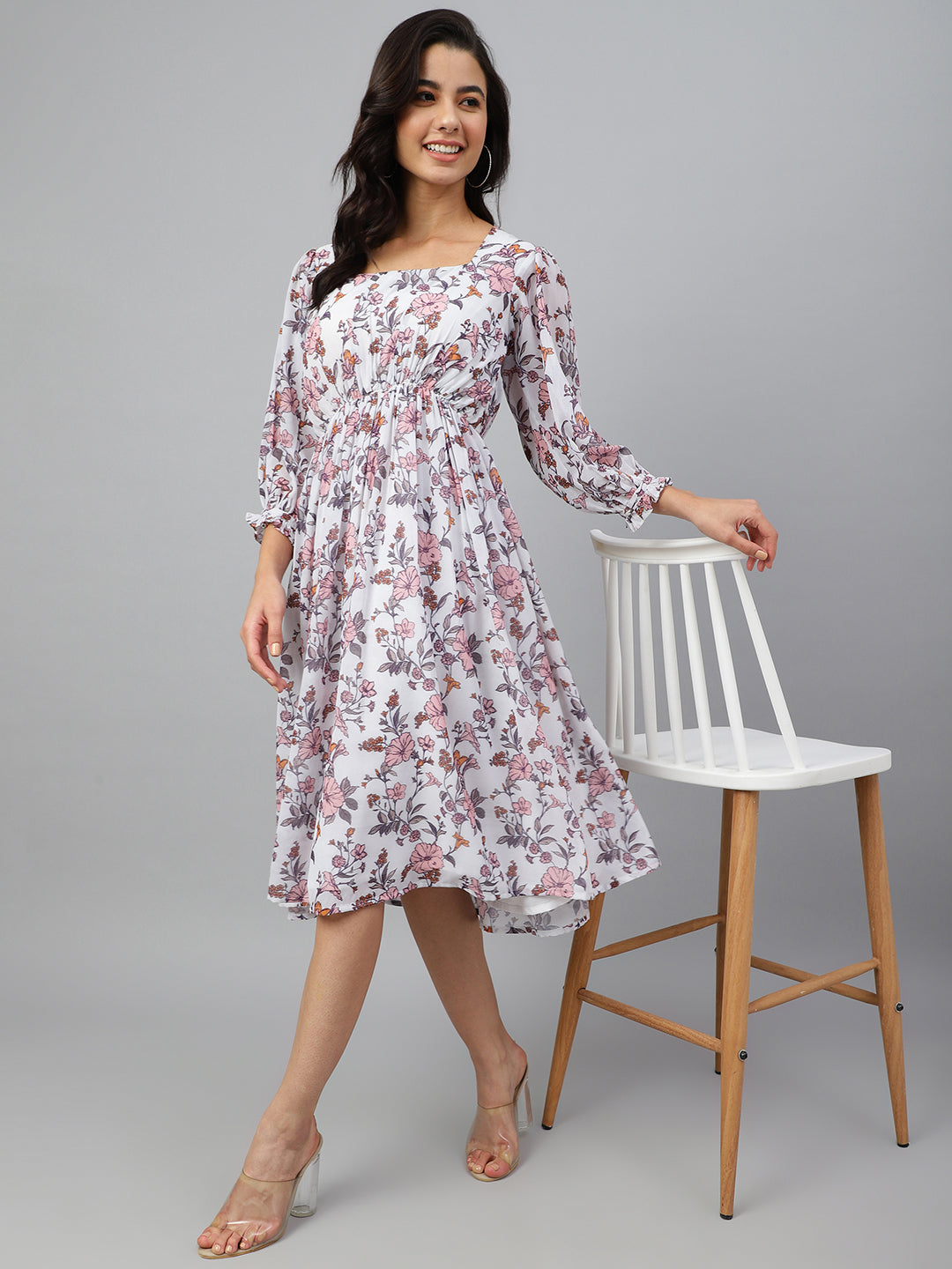 Janasya Women's White Georgette Floral Printed Flared Western Dress | Swadesiicart