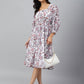 Janasya Women's White Georgette Floral Printed Flared Western Dress | Swadesiicart