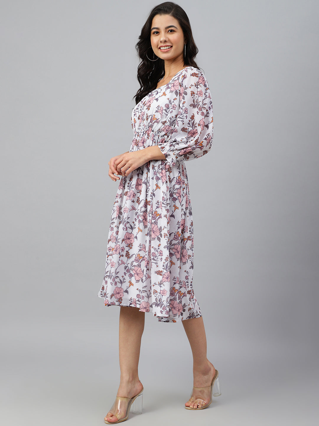 Janasya Women's White Georgette Floral Printed Flared Western Dress | Swadesiicart