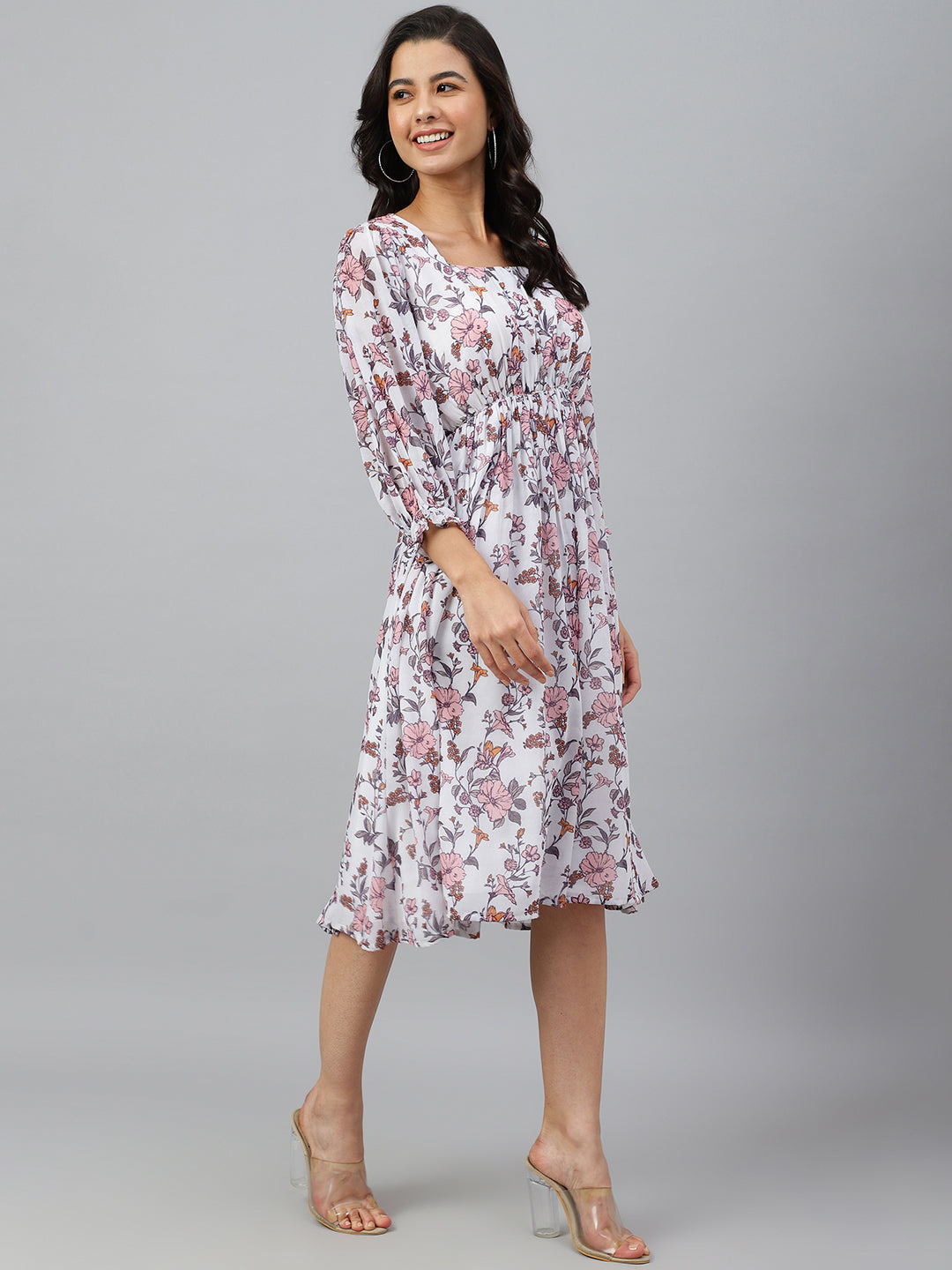 Janasya Women's White Georgette Floral Printed Flared Western Dress | Swadesiicart