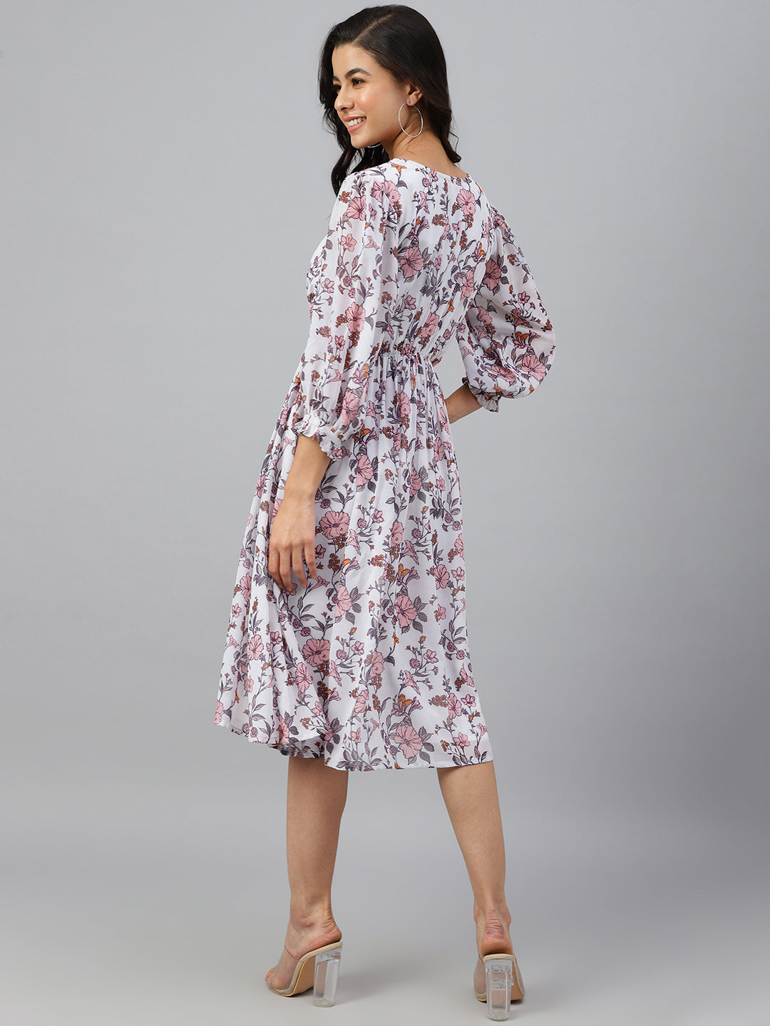 Janasya Women's White Georgette Floral Printed Flared Western Dress | Swadesiicart