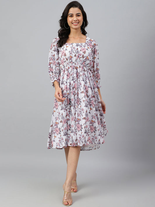 Janasya Women's White Georgette Floral Printed Flared Western Dress | Swadesiicart