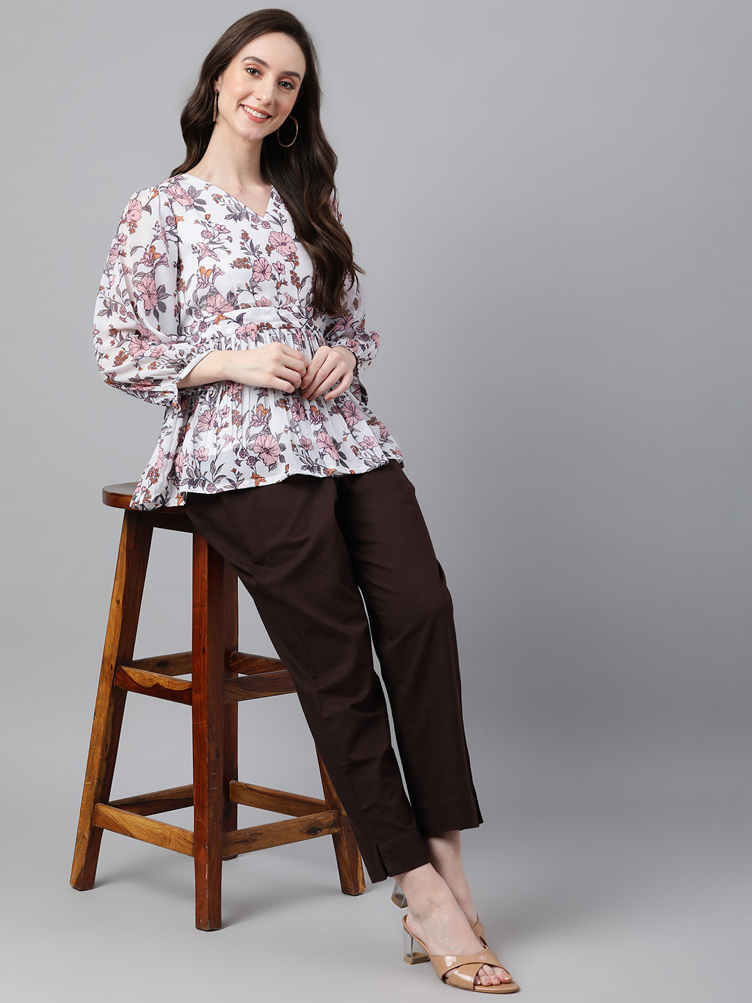 Janasya Women's White Georgette Floral Print Peplum Top | Swadesiicart