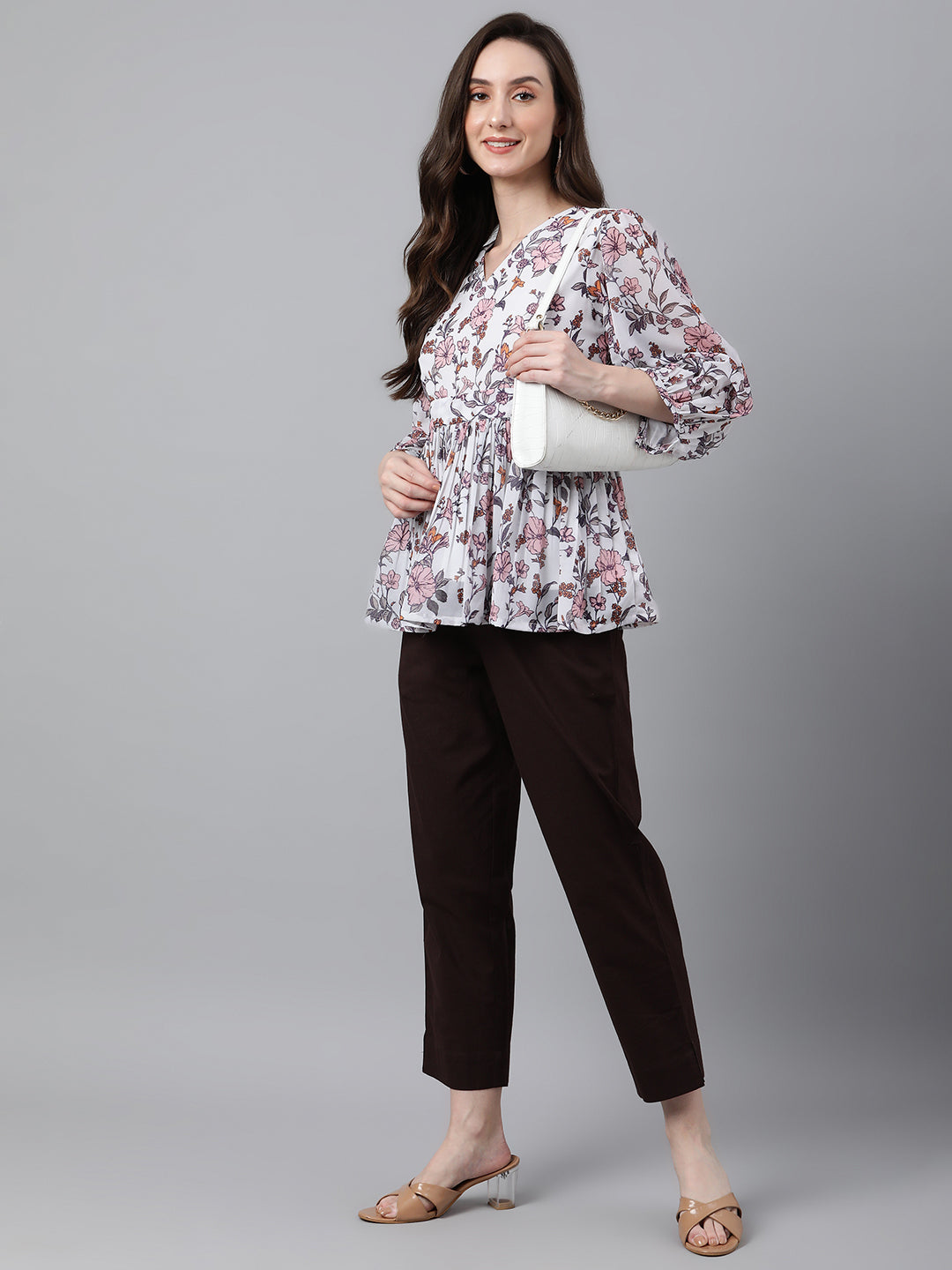Janasya Women's White Georgette Floral Print Peplum Top | Swadesiicart