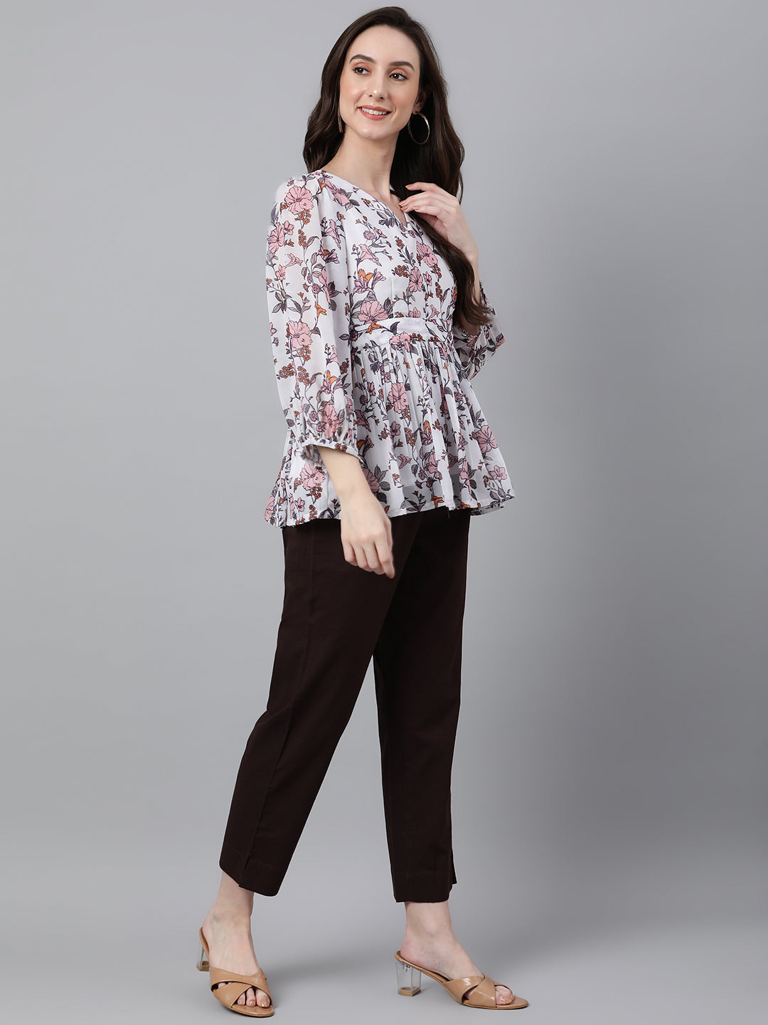 Janasya Women's White Georgette Floral Print Peplum Top | Swadesiicart