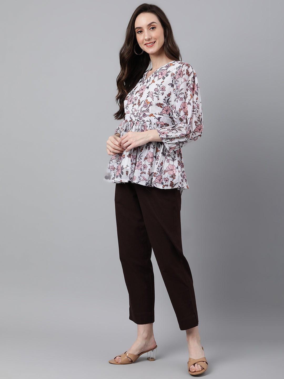 Janasya Women's White Georgette Floral Print Peplum Top | Swadesiicart