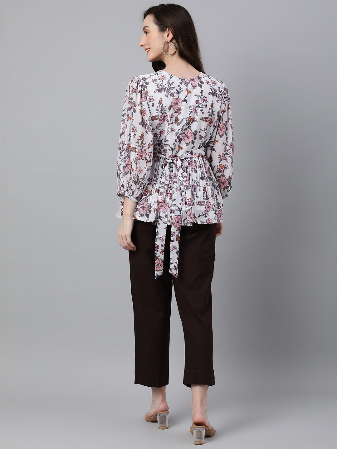 Janasya Women's White Georgette Floral Print Peplum Top | Swadesiicart