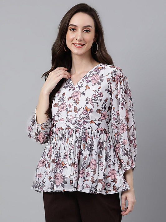 Janasya Women's White Georgette Floral Print Peplum Top | Swadesiicart